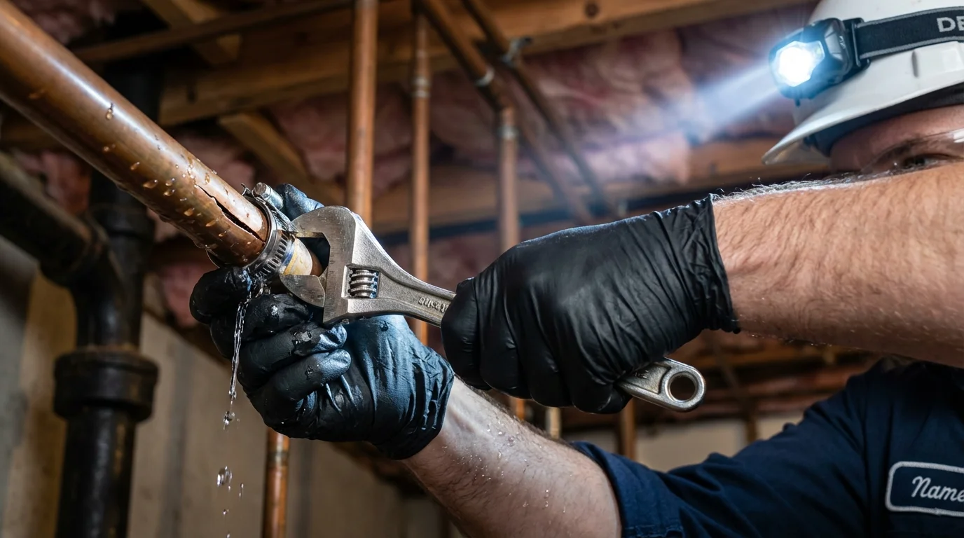 Emergency pipe clamp repair being performed by a Johns Plumbing LLC plumber in Templeton