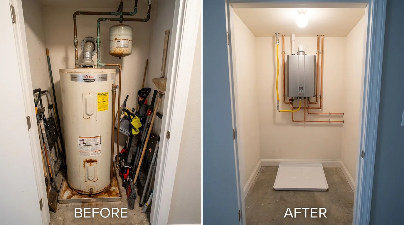 Tank water heater versus wall-mounted tankless unit comparison for Templeton, MA homeowners
