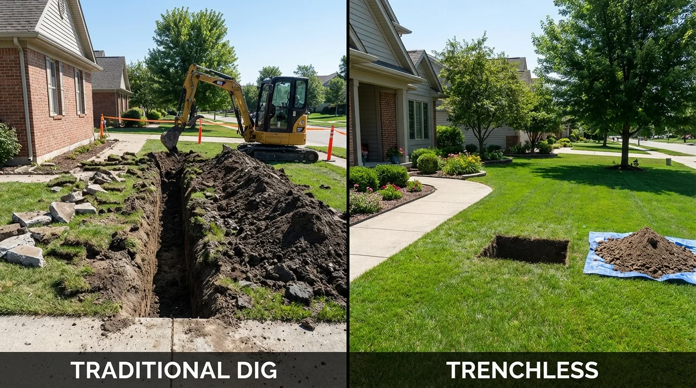 Trenchless sewer repair with minimal yard damage versus traditional excavation in Templeton, MA